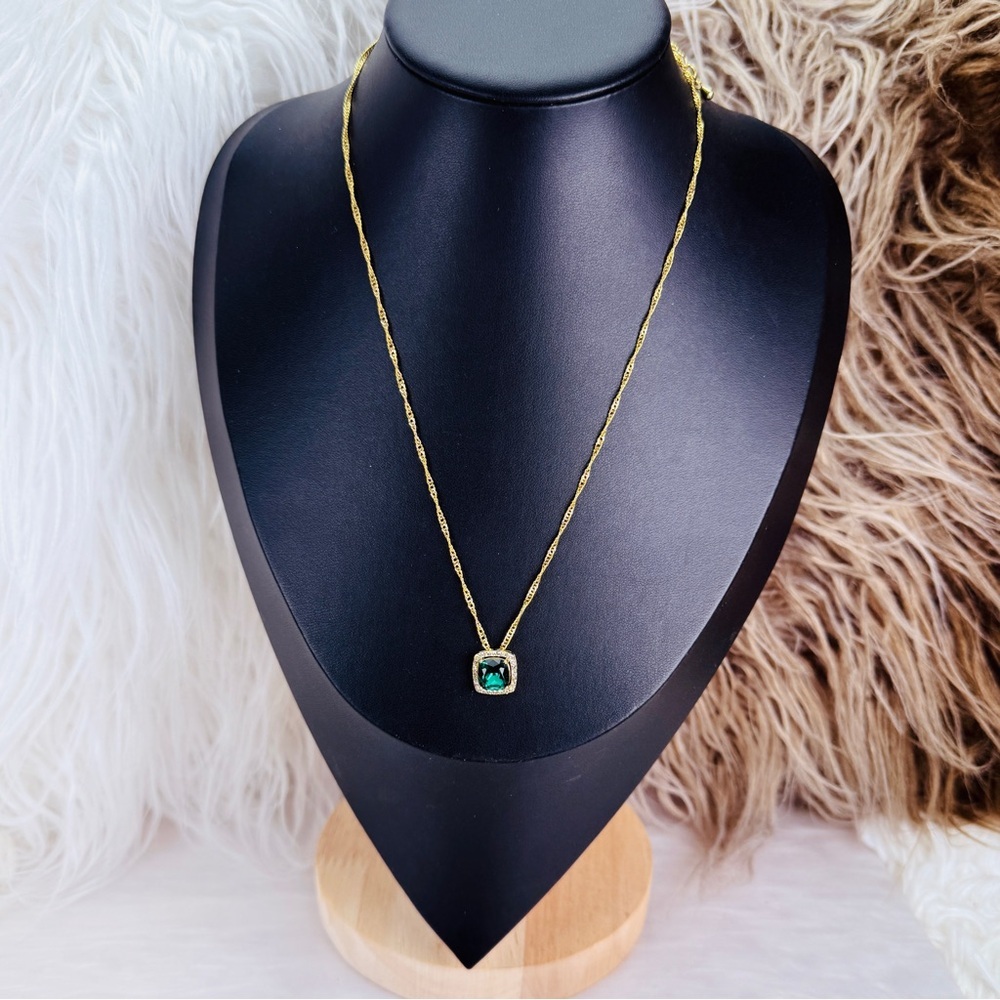 Goldtone Green Cushion Pendant Necklace with Halo Accents - Picture 5 of 8